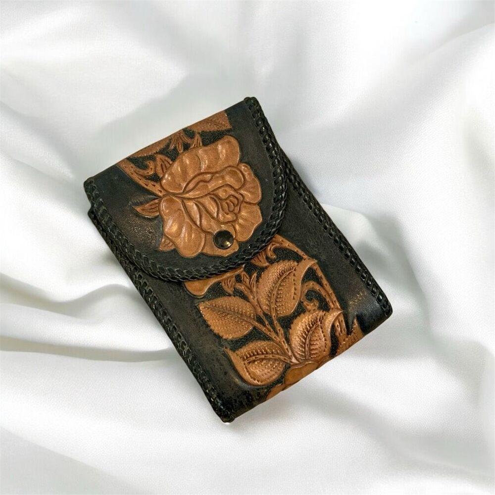 Vintage Black Leather Wallet with Floral Embossing